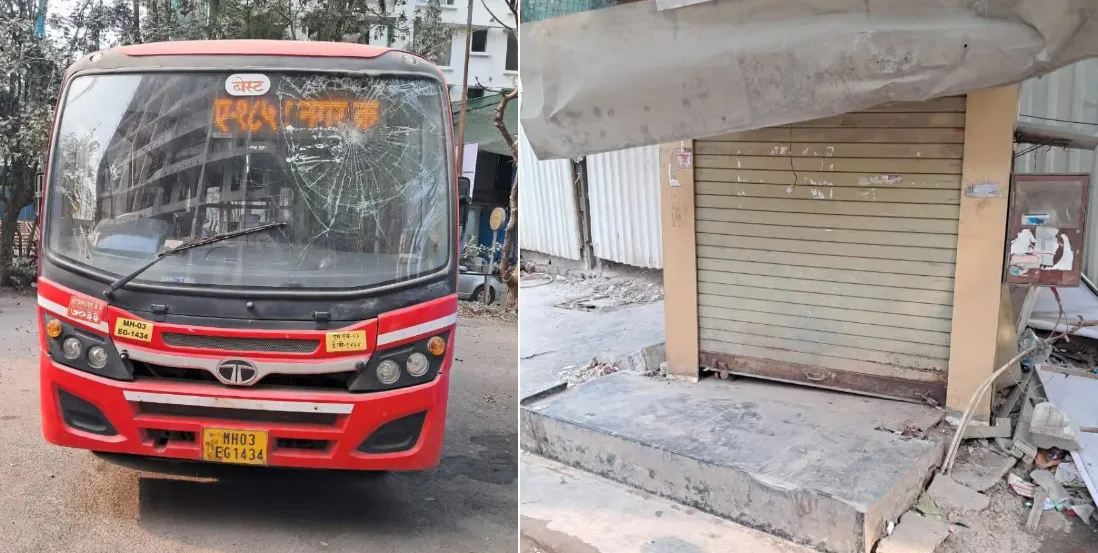 कन्नमवार नगर में ड्राइवर हैंड ब्रेक लगाना भूल गया; बिना ड्राइवर के बस चाय की दुकान से टकराई