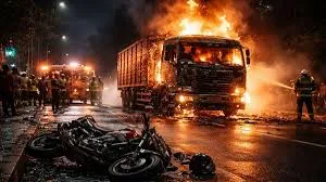 ठाणे : ट्रक में लगी आग; मोटरसाइकिल से टक्कर में 2 घायल